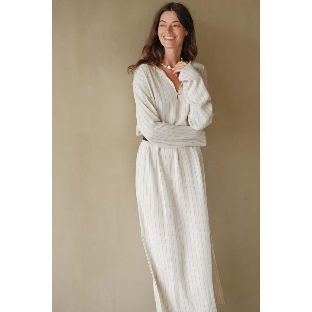 💕DONNI.💕 Pinstripe Tunic Dress ~ Linen Blend Dune Small - Picture 2 of 13